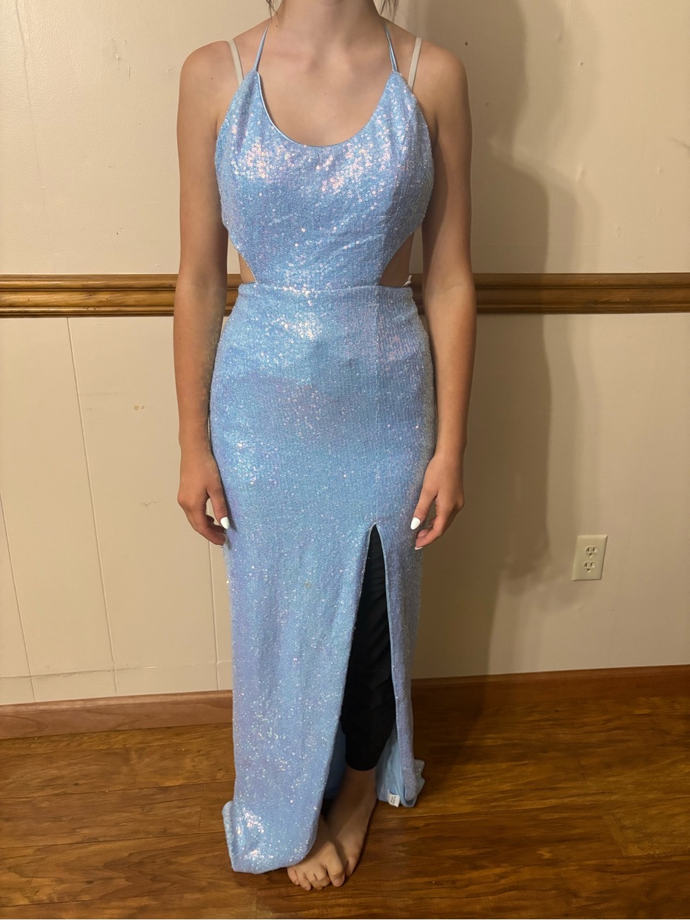 Light Blue Sequin Cutout Prom Gown with Front Slit